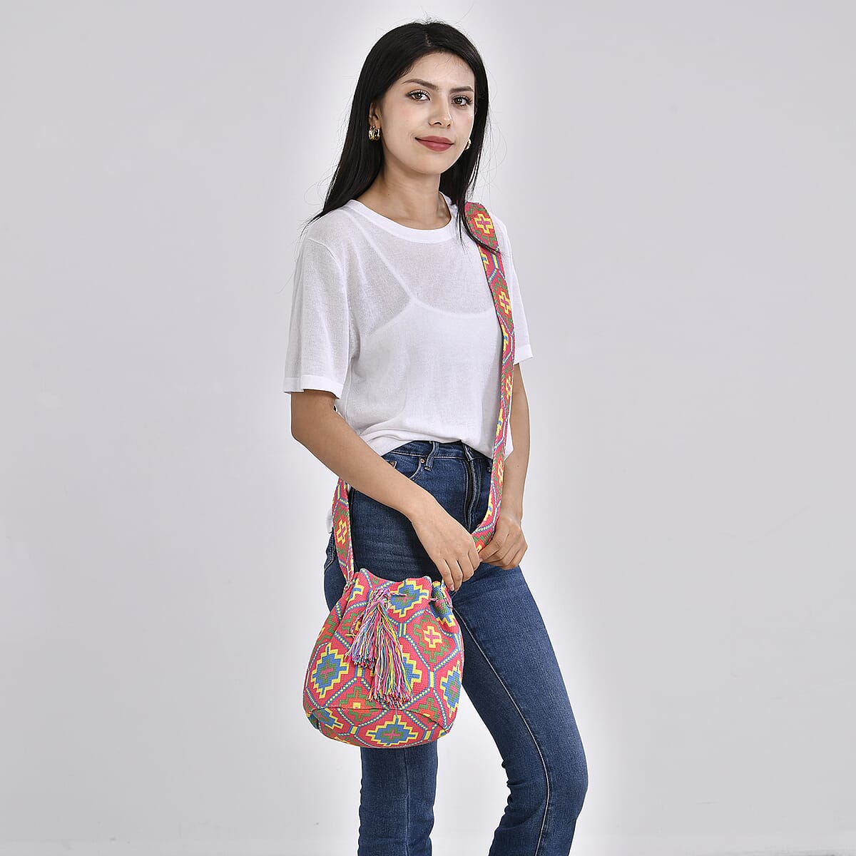 Red Flower Pattern Crossbody Bag with Multi Color Tassel and Shoulder Strap image number 1