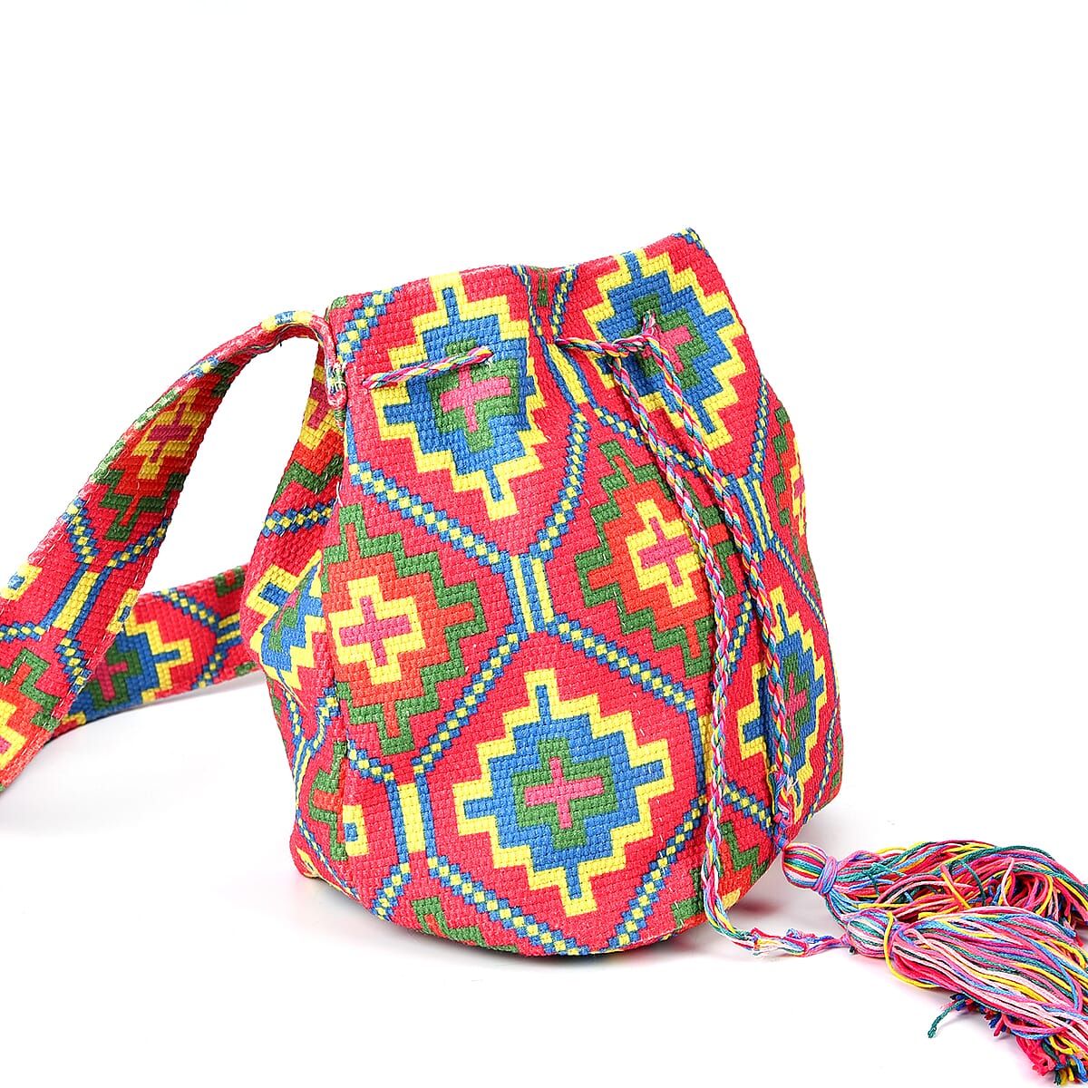 Red Flower Pattern Crossbody Bag with Multi Color Tassel and Shoulder Strap image number 4