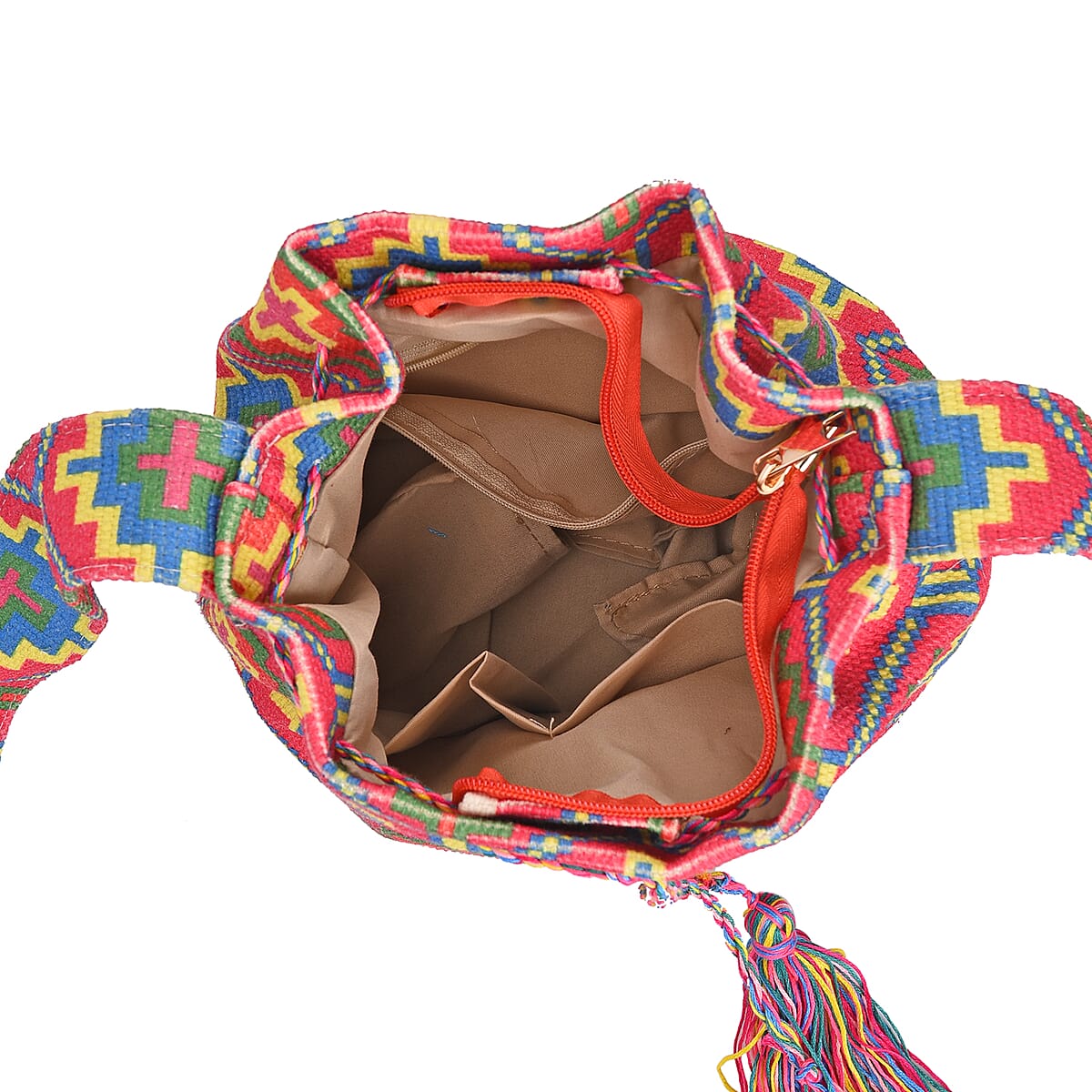 Red Flower Pattern Crossbody Bag with Multi Color Tassel and Shoulder Strap image number 5