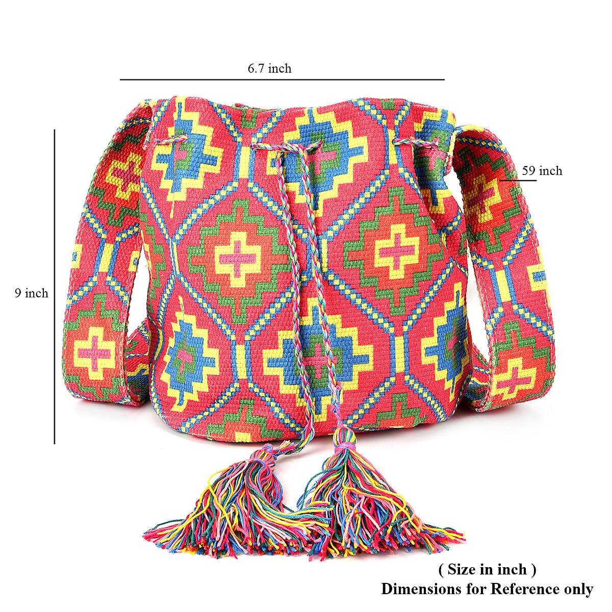 Red Flower Pattern Crossbody Bag with Multi Color Tassel and Shoulder Strap image number 7