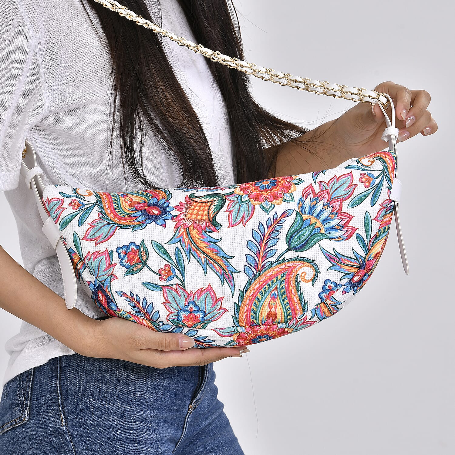 Orange Color Flower Pattern Crossbody Bag with Shoulder Strap
