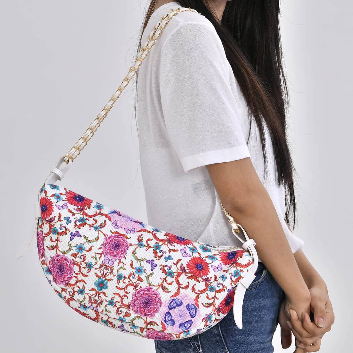 Rose Pink Color Flower Pattern Crossbody Bag with Shoulder Strap image number 2