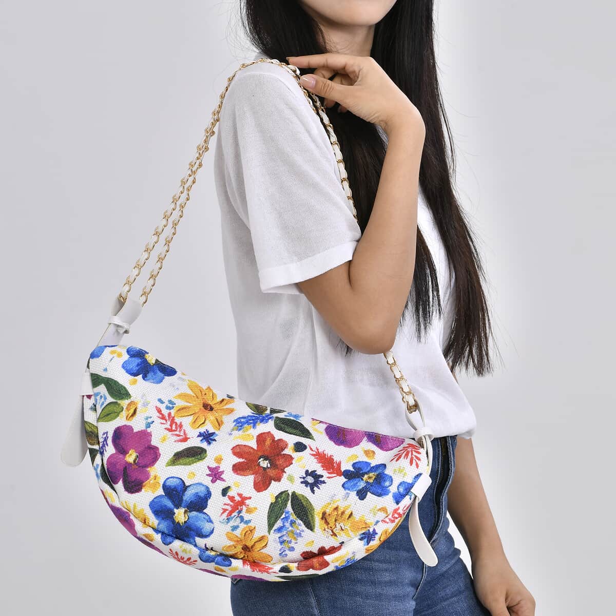 Multi Color Flower Pattern Crossbody Bag (15.4"x2.6"x7.3") with Shoulder Strap (63") image number 2