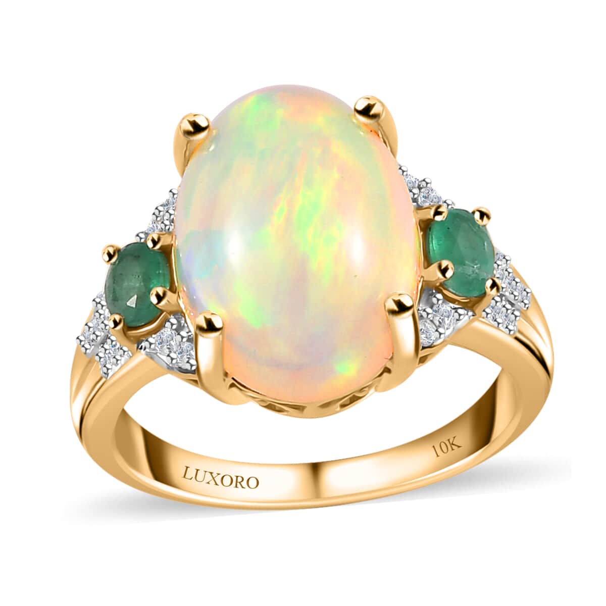 Luxoro 10K Yellow Gold Premium Ethiopian Welo Opal, Kagem Zambian Emerald and G-H I2 Diamond Ring (Size 10.0) 5.00 ctw image number 0