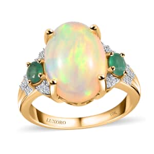 Luxoro 10K Yellow Gold Premium Ethiopian Welo Opal, Kagem Zambian Emerald and G-H I2 Diamond Ring (Size 10.0) 5.00 ctw