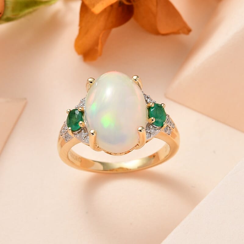 Luxoro 10K Yellow Gold Premium Ethiopian Welo Opal, Kagem Zambian Emerald and G-H I2 Diamond Ring (Size 10.0) 5.00 ctw