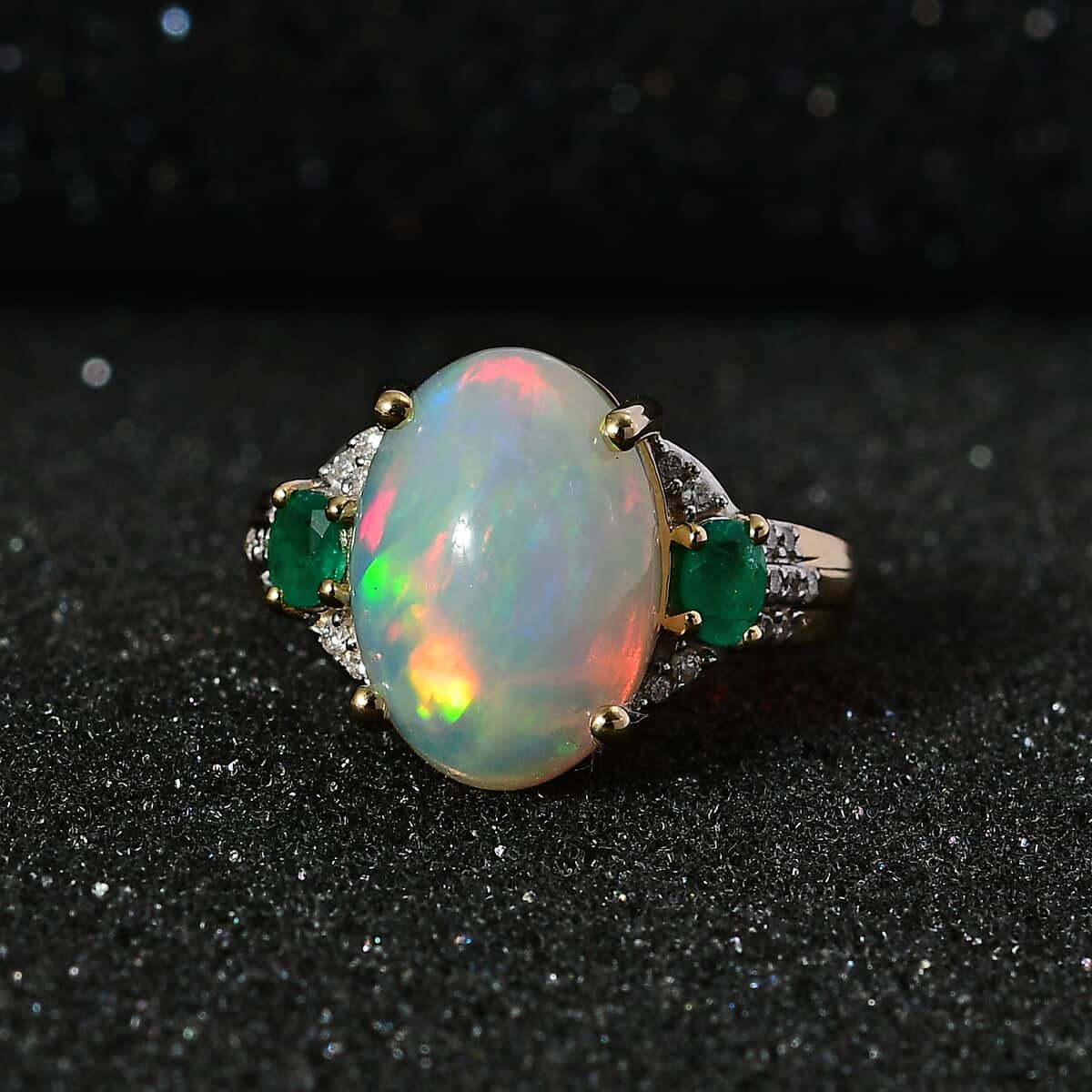 Luxoro 10K Yellow Gold Premium Ethiopian Welo Opal, Kagem Zambian Emerald and G-H I2 Diamond Ring (Size 10.0) 5.00 ctw image number 2