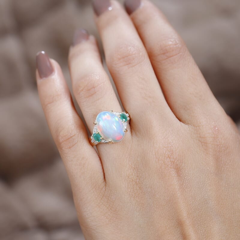 Luxoro 10K Yellow Gold Premium Ethiopian Welo Opal, Kagem Zambian Emerald and G-H I2 Diamond Ring (Size 10.0) 5.00 ctw