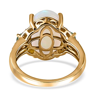 Luxoro 10K Yellow Gold Premium Ethiopian Welo Opal, Kagem Zambian Emerald and G-H I2 Diamond Ring (Size 10.0) 5.00 ctw