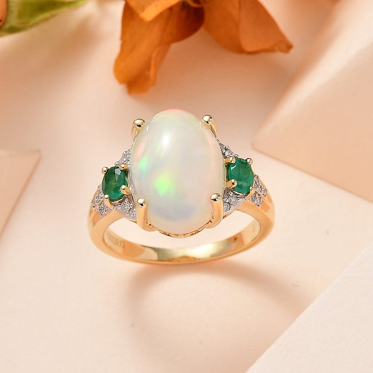 Luxoro 10K Yellow Gold Premium Ethiopian Welo Opal, Kagem Zambian Emerald and G-H I2 Diamond Ring (Size 7.0) 5.00 ctw image number 1