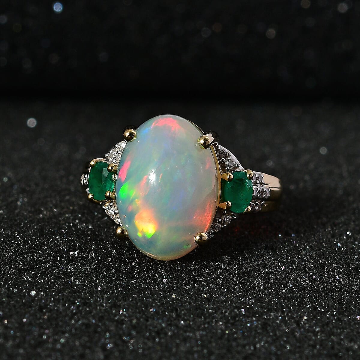 Luxoro 10K Yellow Gold Premium Ethiopian Welo Opal, Kagem Zambian Emerald and G-H I2 Diamond Ring (Size 7.0) 5.00 ctw image number 2