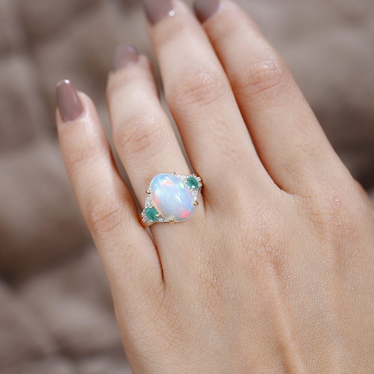 Luxoro 10K Yellow Gold Premium Ethiopian Welo Opal, Kagem Zambian Emerald and G-H I2 Diamond Ring (Size 7.0) 5.00 ctw image number 3