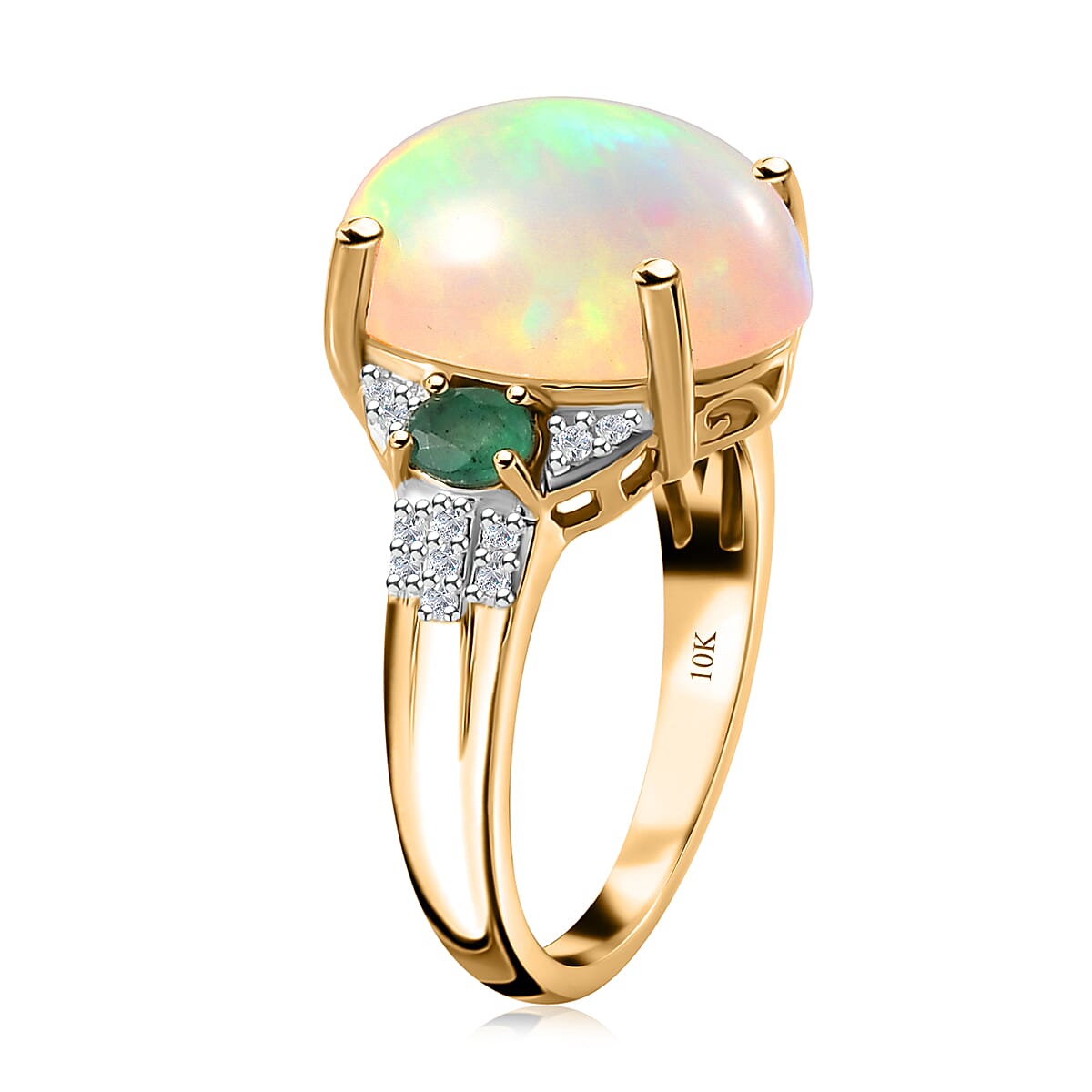 Luxoro 10K Yellow Gold Premium Ethiopian Welo Opal, Kagem Zambian Emerald and G-H I2 Diamond Ring (Size 7.0) 5.00 ctw image number 4