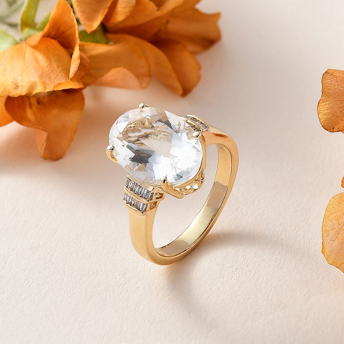 Luxoro 10K Yellow Gold Premium Mexican Hyalite Opal and G-H I2 Diamond Ring (Size 6.0) with Free UV Flash Light 4.50 ctw image number 1