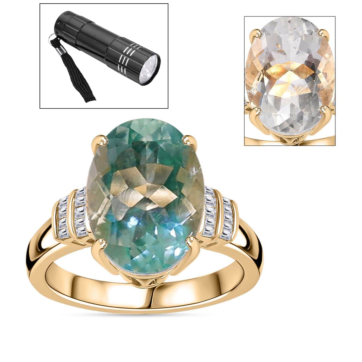 Luxoro 10K Yellow Gold Premium Mexican Hyalite Opal and G-H I2 Diamond Ring (Size 7.0) with Free UV Flash Light 4.50 ctw image number 0