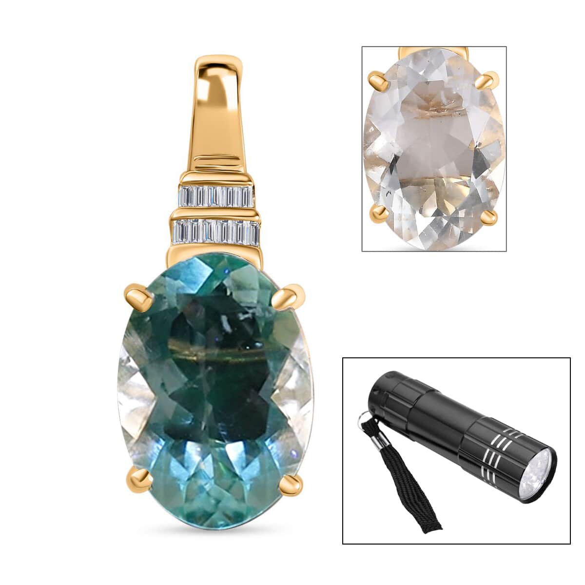 Luxoro 10K Yellow Gold Premium Mexican Hyalite Opal and G-H I2 Diamond Pendant with Free UV Flash Light 4.40 ctw image number 0