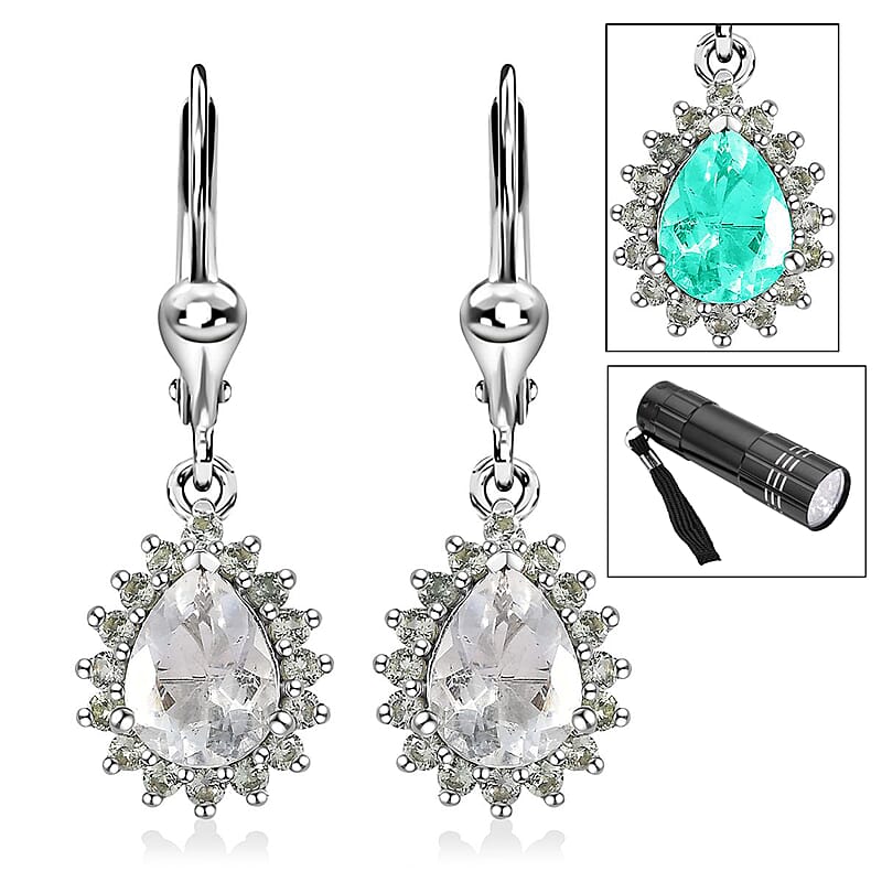 Mexican Hyalite Opal and Green Sapphire Lever Back Earrings in Platinum Over Sterling Silver with Free UV Flash Light 2.50 ctw