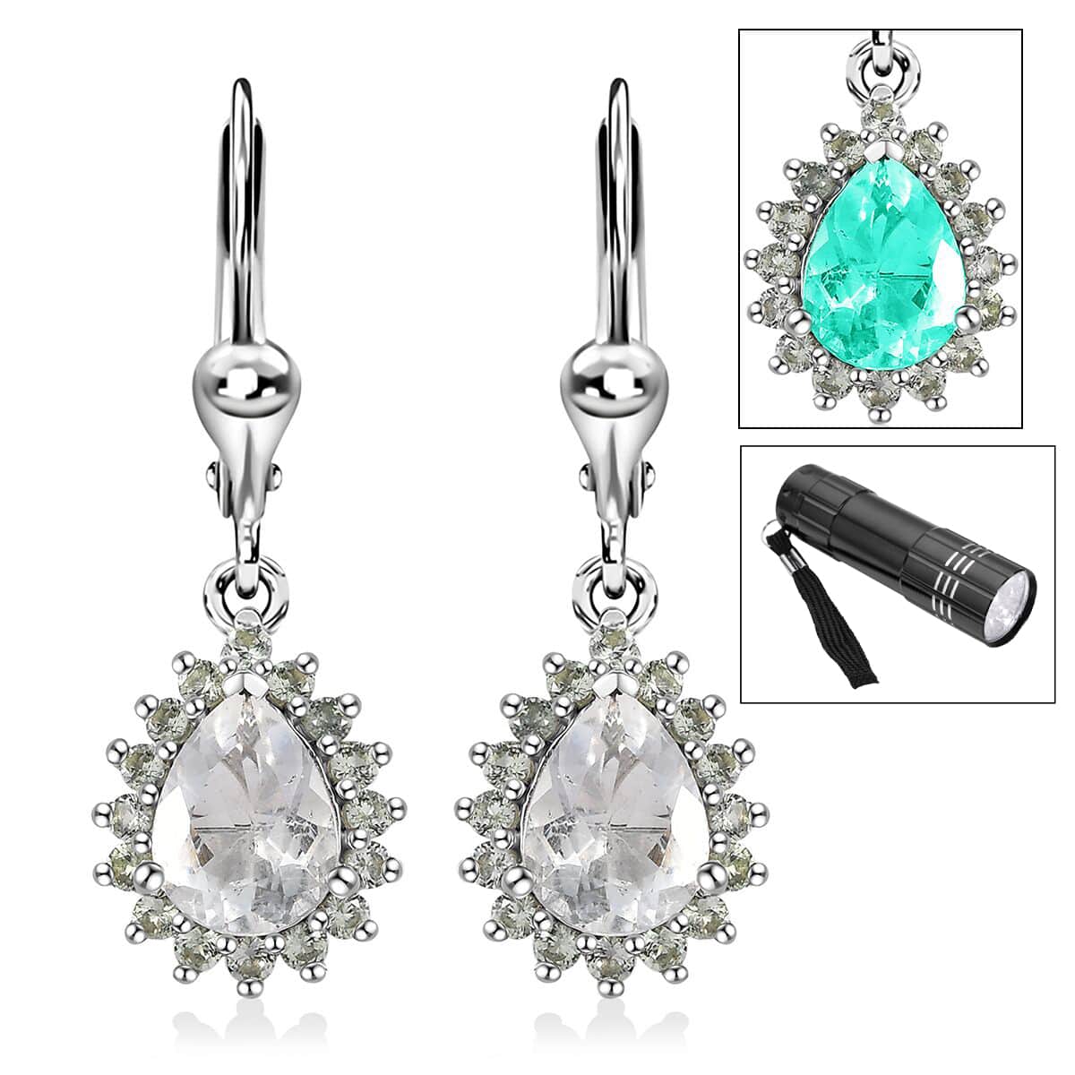 Mexican Hyalite Opal and Green Sapphire Lever Back Earrings in Platinum Over Sterling Silver with Free UV Flash Light 2.50 ctw image number 0