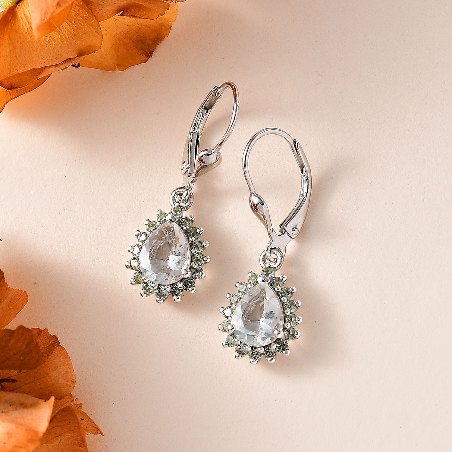 Mexican Hyalite Opal and Green Sapphire Lever Back Earrings in Platinum Over Sterling Silver with Free UV Flash Light 2.50 ctw