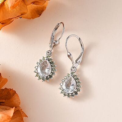 Mexican Hyalite Opal and Green Sapphire Lever Back Earrings in Platinum Over Sterling Silver with Free UV Flash Light 2.50 ctw