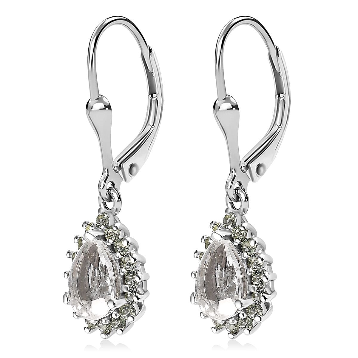 Mexican Hyalite Opal and Green Sapphire Lever Back Earrings in Platinum Over Sterling Silver with Free UV Flash Light 2.50 ctw