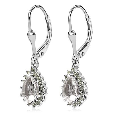 Mexican Hyalite Opal and Green Sapphire Lever Back Earrings in Platinum Over Sterling Silver with Free UV Flash Light 2.50 ctw