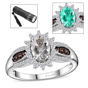 Mexican Hyalite Opal, Brown and White Zircon Sunburst Ring in Platinum Over Sterling Silver (Size 10.0) with Free UV Flash Light 1.10 ctw