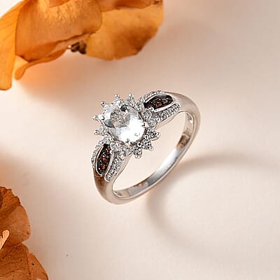 Mexican Hyalite Opal, Brown and White Zircon Sunburst Ring in Platinum Over Sterling Silver (Size 10.0) with Free UV Flash Light 1.10 ctw