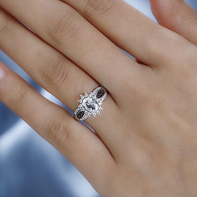 Mexican Hyalite Opal, Brown and White Zircon Sunburst Ring in Platinum Over Sterling Silver (Size 10.0) with Free UV Flash Light 1.10 ctw