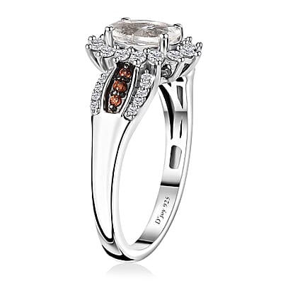 Mexican Hyalite Opal, Brown and White Zircon Sunburst Ring in Platinum Over Sterling Silver (Size 10.0) with Free UV Flash Light 1.10 ctw