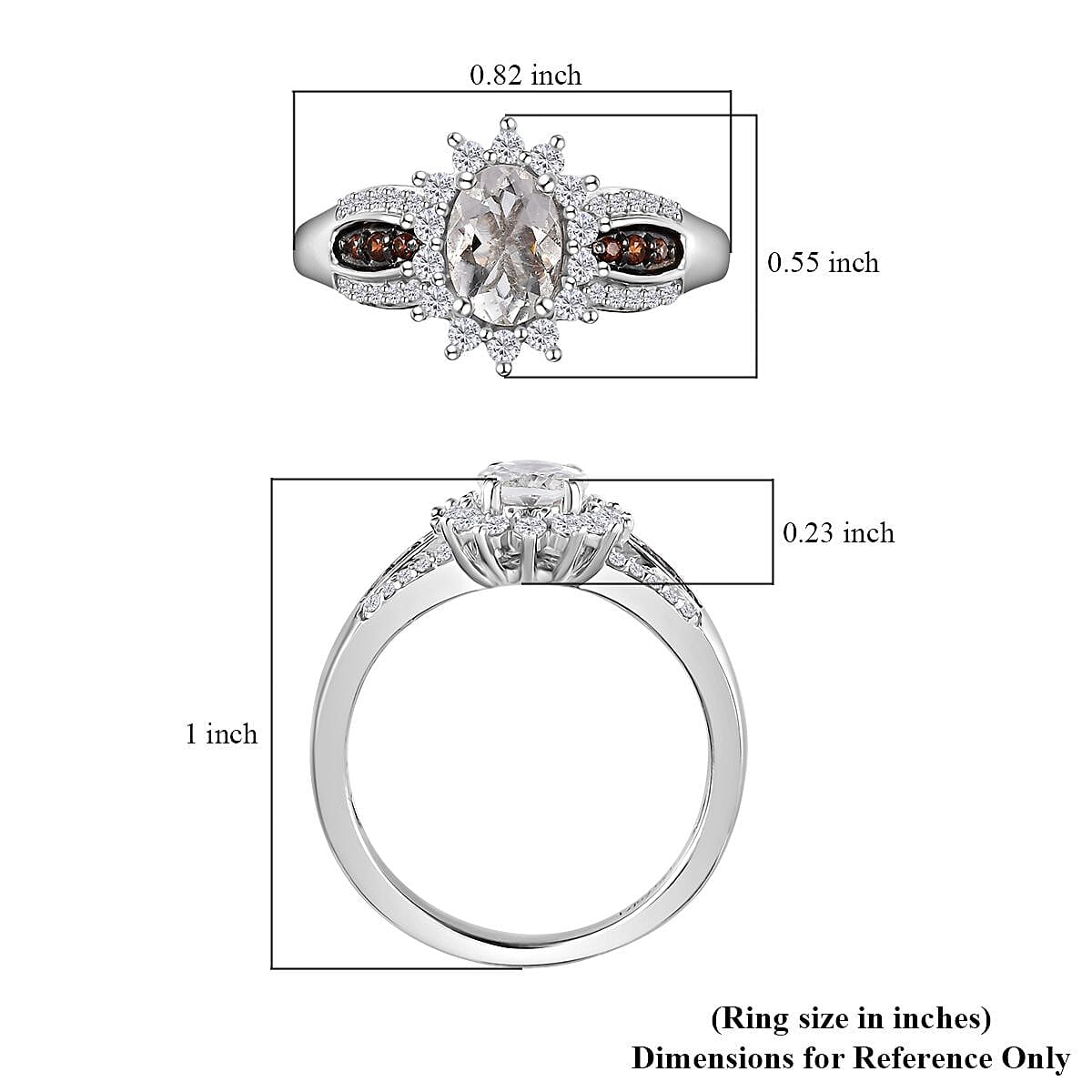 Mexican Hyalite Opal, Brown and White Zircon Sunburst Ring in Platinum Over Sterling Silver (Size 10.0) with Free UV Flash Light 1.10 ctw