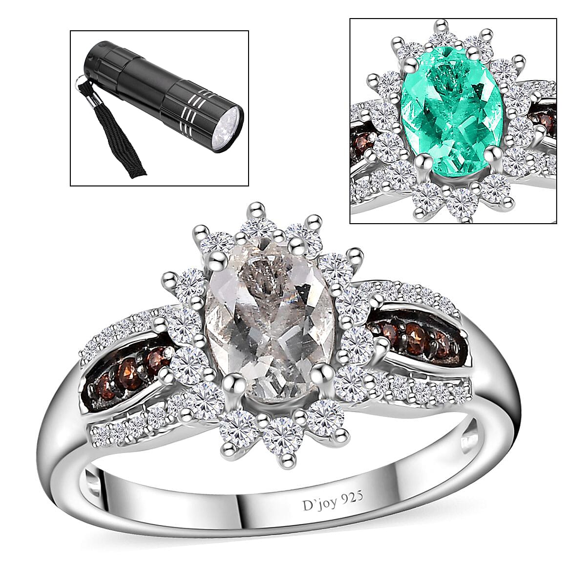 Mexican Hyalite Opal, Brown and White Zircon Sunburst Ring in Platinum Over Sterling Silver (Size 8.0) with Free UV Flash Light 1.10 ctw image number 0