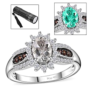Mexican Hyalite Opal, Brown and White Zircon Sunburst Ring in Platinum Over Sterling Silver (Size 8.0) with Free UV Flash Light 1.10 ctw