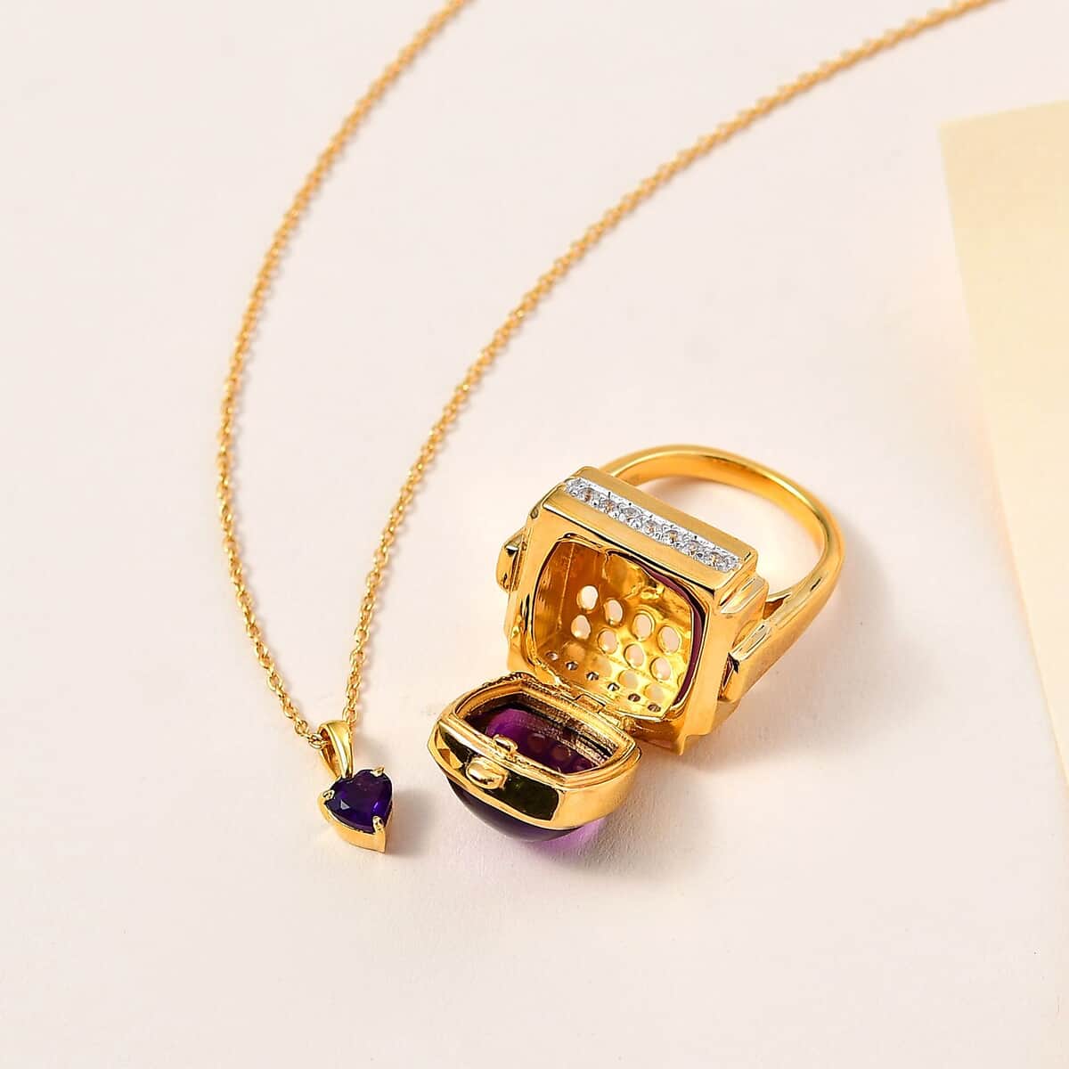 GP Mother's Day Special Collection African Amethyst and Multi Gemstone Openable Ring (Size 7.0) with Hidden Pendant Necklace 18 Inches in Vermeil Yellow Gold Over Sterling Silver 10.30 ctw image number 1
