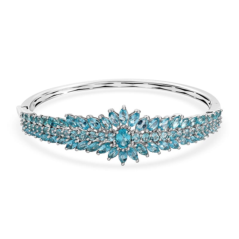 Betroka Blue Apatite Floral Spray Bangle Bracelet in Platinum Over Sterling Silver (7.25 In) 11.85 ctw