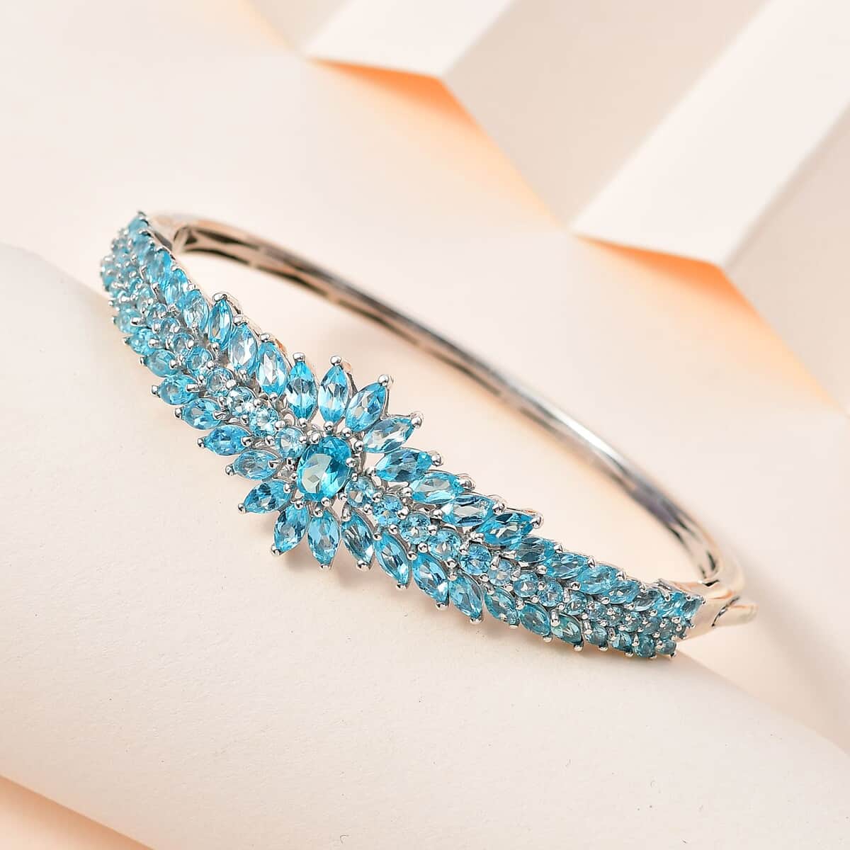 TLV Madagascar Paraiba Apatite Floral Spray Bangle Bracelet in Platinum Over Sterling Silver (7.25 In) 11.85 ctw image number 1