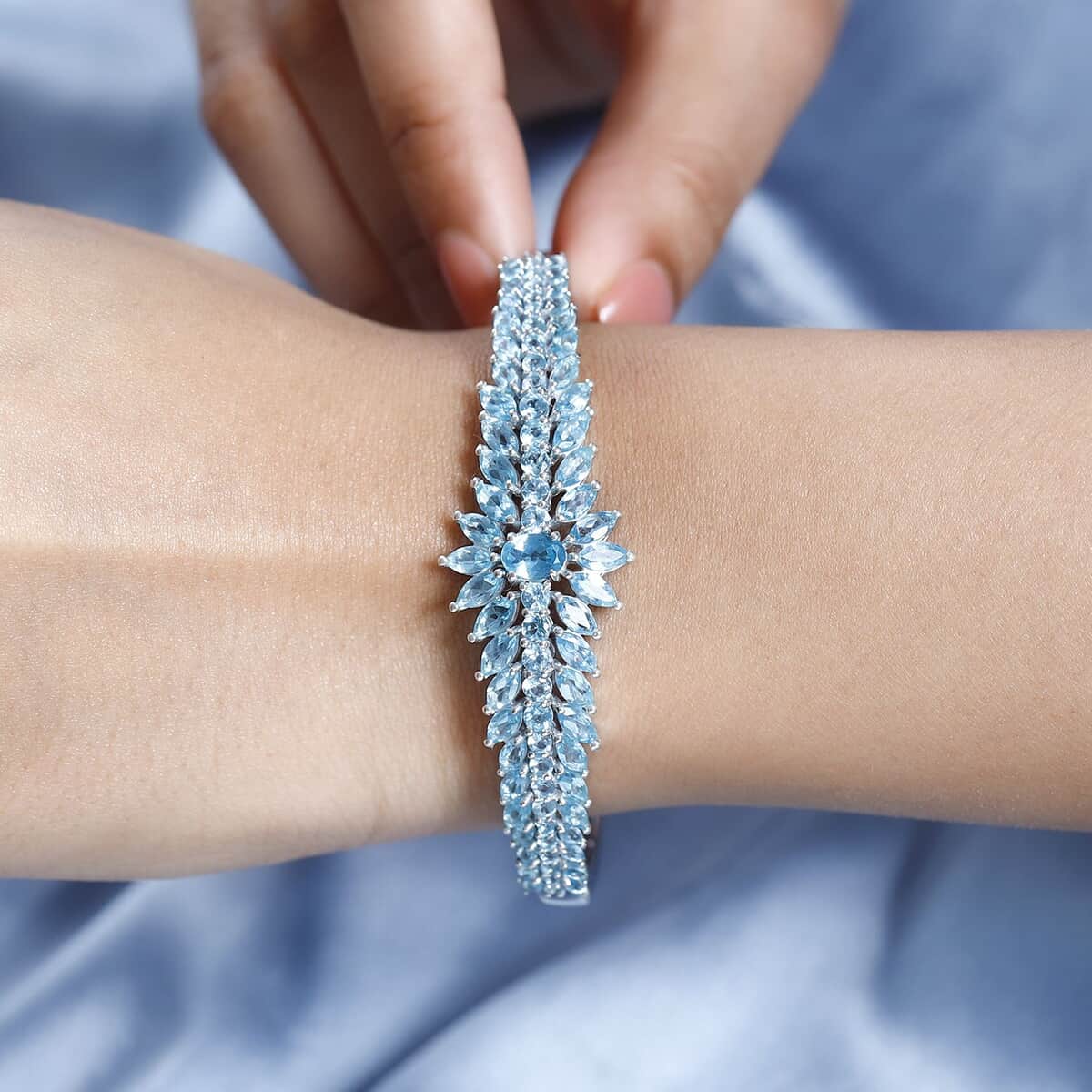 TLV Madagascar Paraiba Apatite Floral Spray Bangle Bracelet in Platinum Over Sterling Silver (7.25 In) 11.85 ctw image number 2