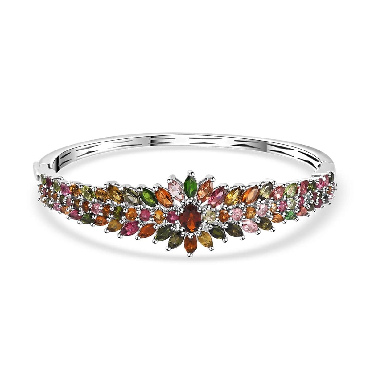 Multi-Tourmaline Floral Spray Bangle Bracelet in Platinum Over Sterling Silver (7.25 In) 12.60 ctw image number 0