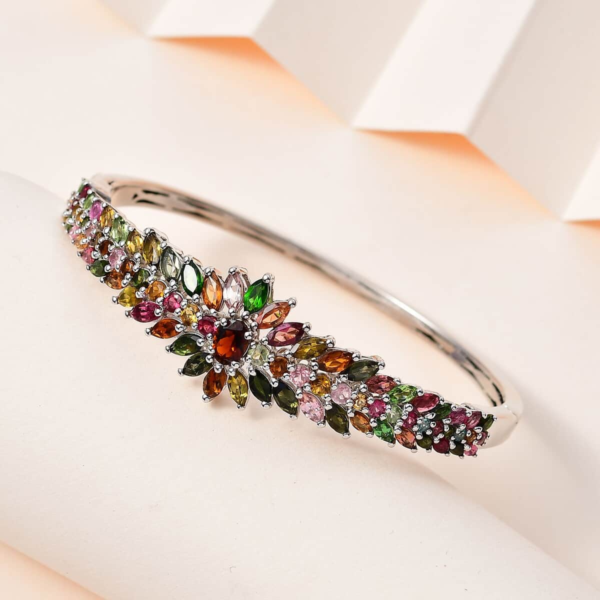 Multi-Tourmaline Floral Spray Bangle Bracelet in Platinum Over Sterling Silver (7.25 In) 12.60 ctw image number 1