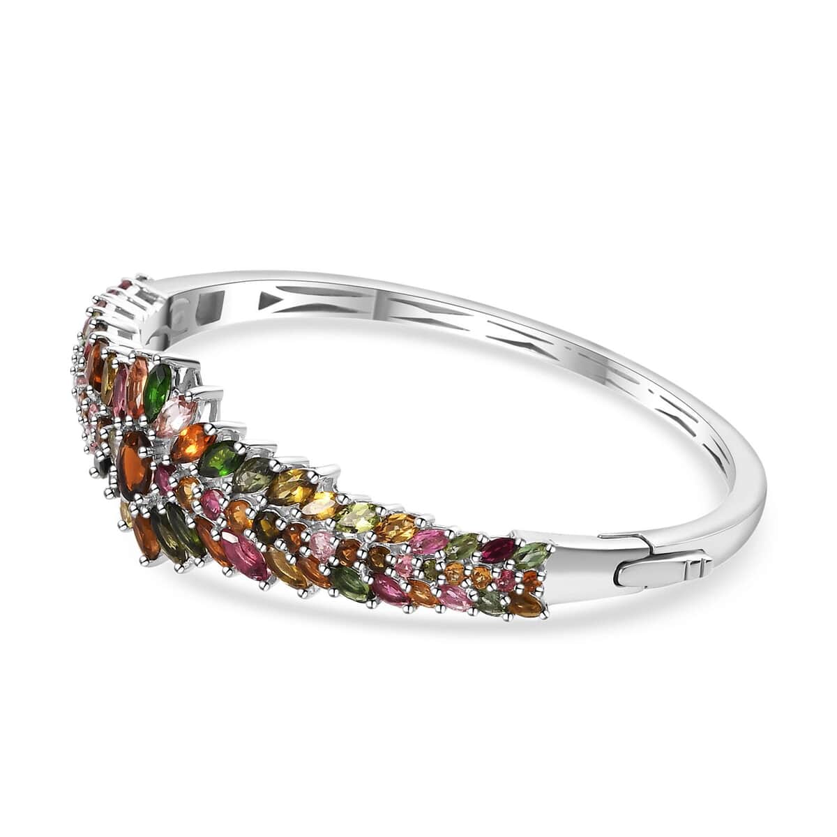 Multi-Tourmaline Floral Spray Bangle Bracelet in Platinum Over Sterling Silver (7.25 In) 12.60 ctw image number 3