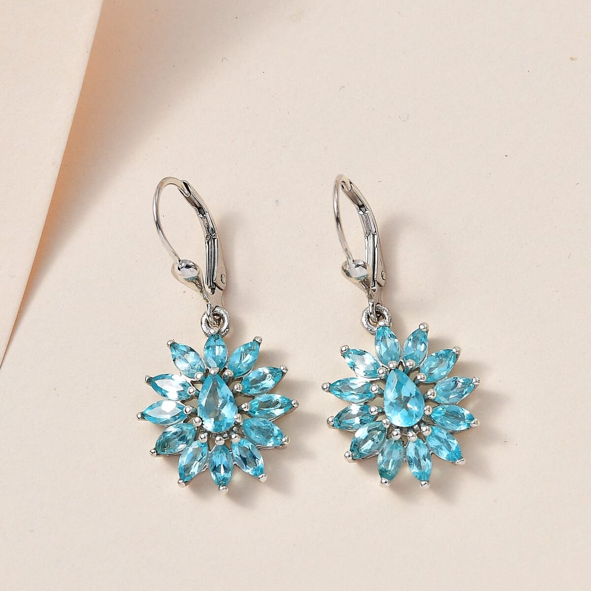 TLV Madagascar Paraiba Apatite Floral Lever Back Earrings in Platinum Over Sterling Silver 4.25 ctw image number 1