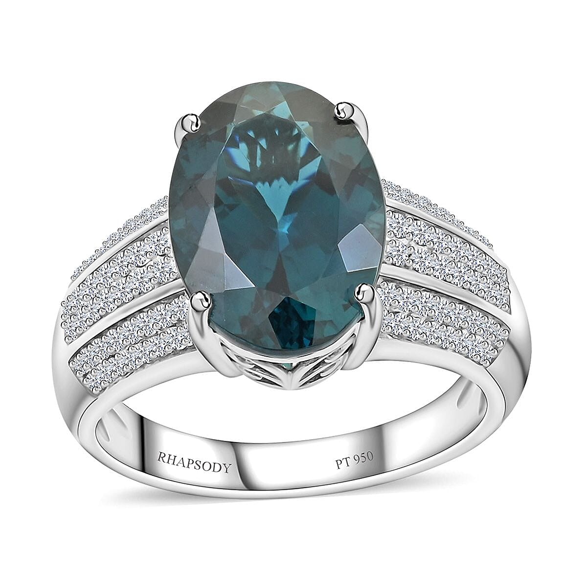 Certified Rhapsody 950 Platinum AAAA Monte Belo Indicolite and E-F, VS2 Diamond Ring (Size 8.0) 9.45 Grams 5.30 ctw image number 0