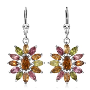 Multi-Tourmaline Sunflower Lever Back Earrings in Platinum Over Sterling Silver 4.50 ctw
