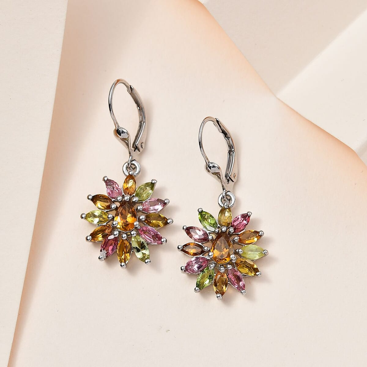 Multi-Tourmaline Sunflower Lever Back Earrings in Platinum Over Sterling Silver 4.50 ctw image number 1