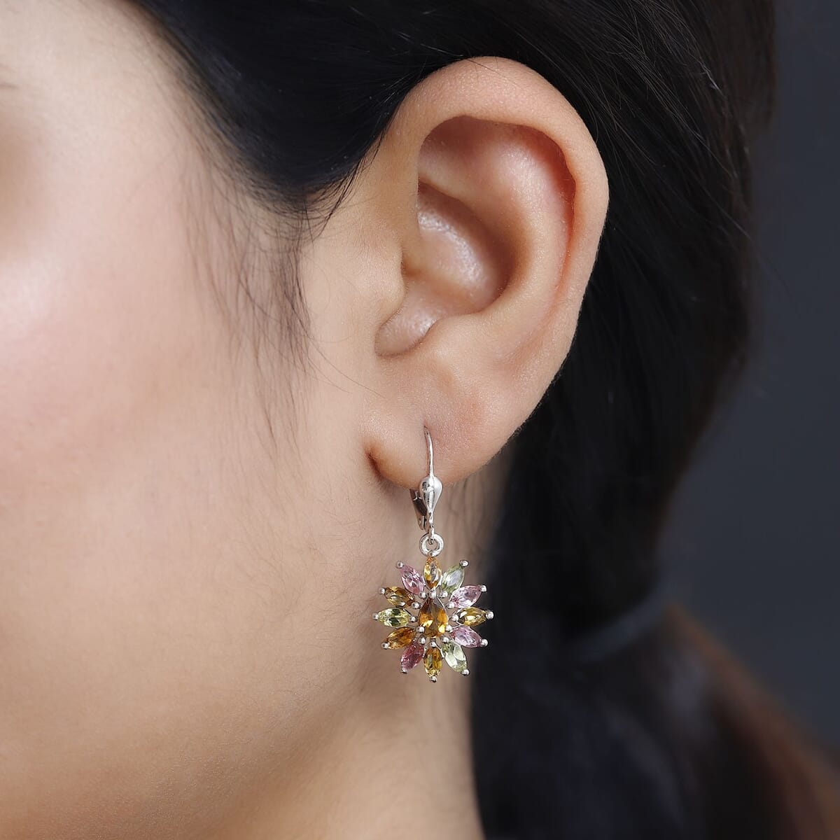 Multi-Tourmaline Sunflower Lever Back Earrings in Platinum Over Sterling Silver 4.50 ctw image number 2
