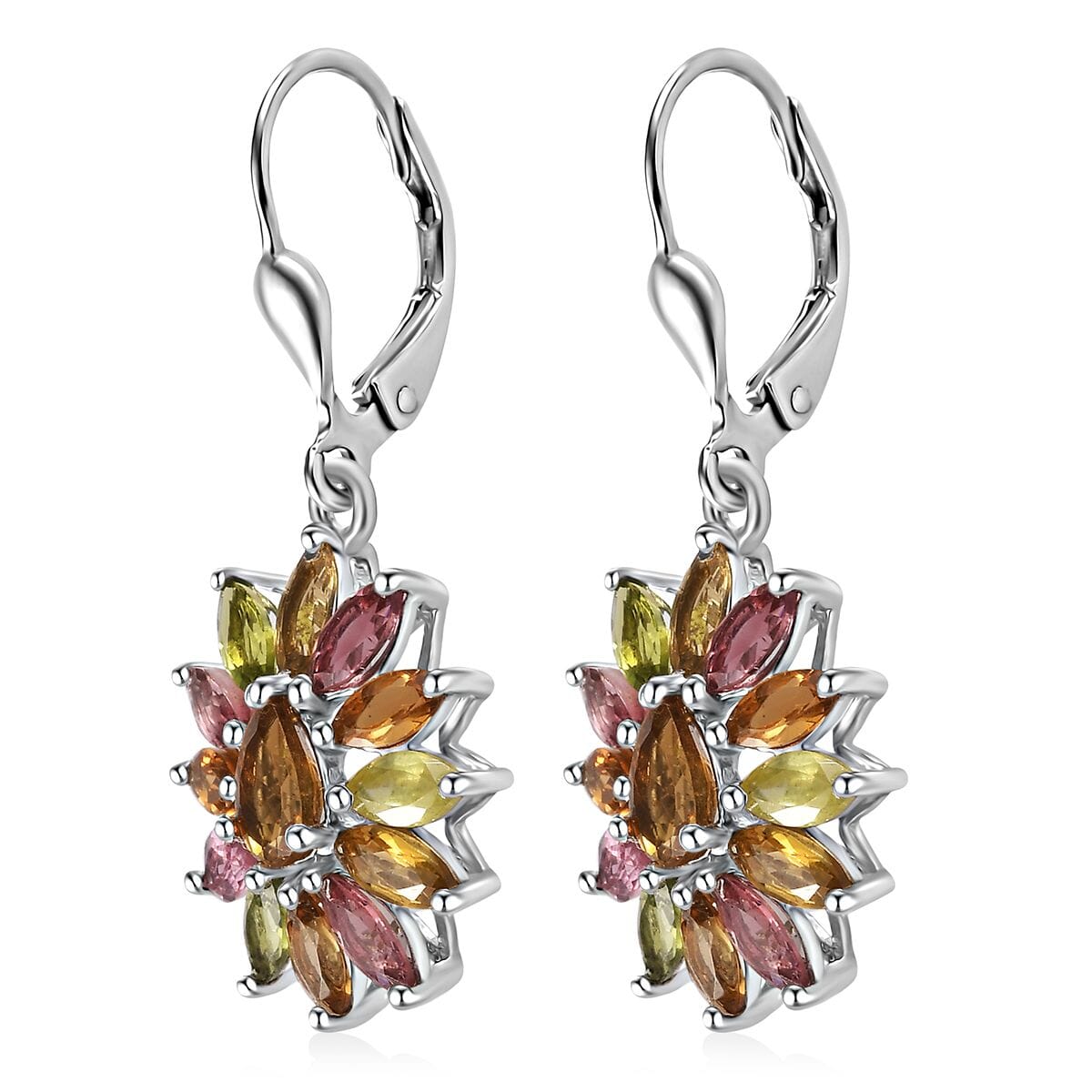 Multi-Tourmaline Sunflower Lever Back Earrings in Platinum Over Sterling Silver 4.50 ctw image number 3