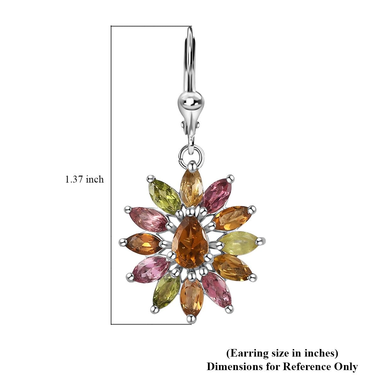 Multi-Tourmaline Sunflower Lever Back Earrings in Platinum Over Sterling Silver 4.50 ctw image number 5