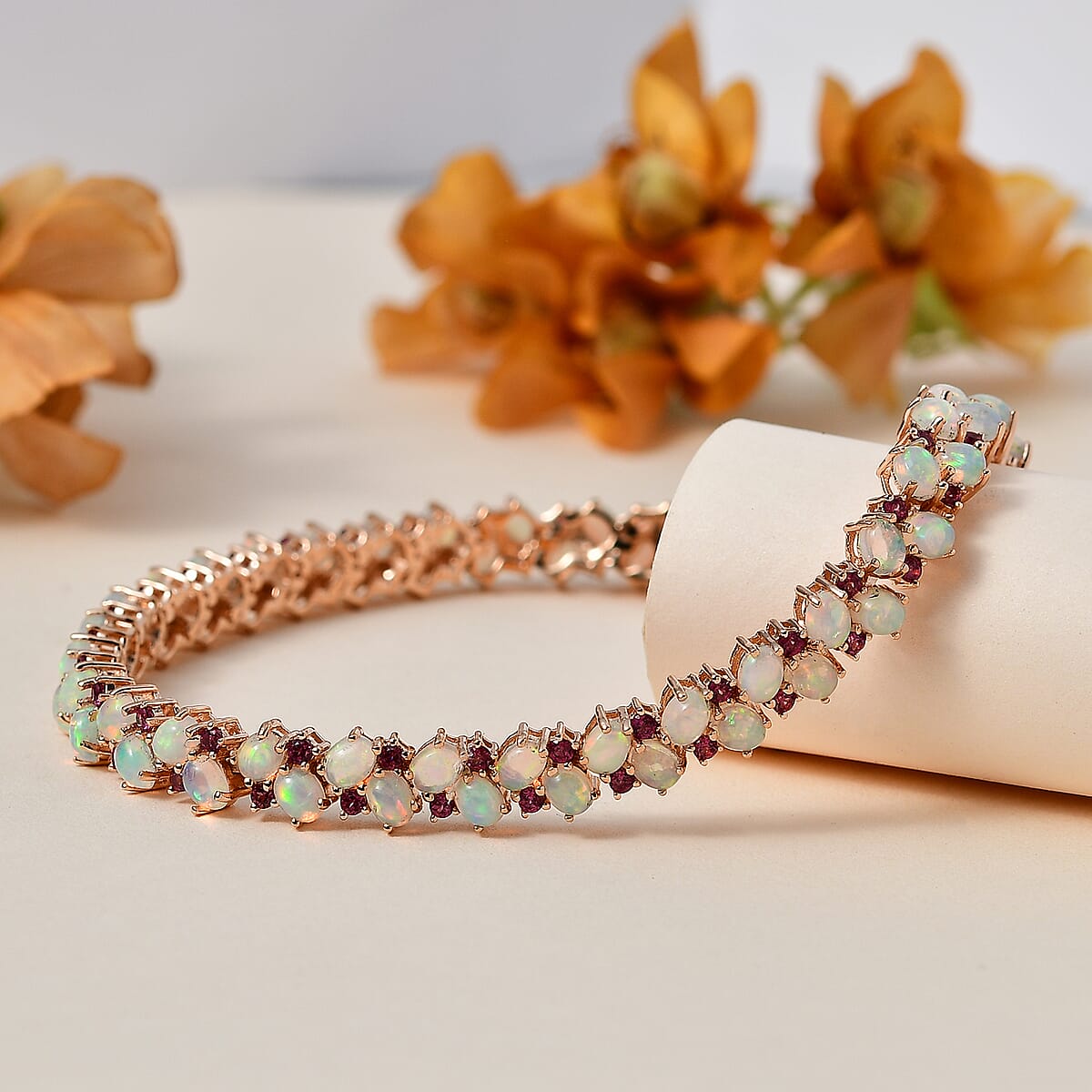 Ethiopian Welo Opal and Orissa Rhodolite Garnet Bracelet in Vermeil Rose Gold Over Sterling Silver (7.25 In) 9.75 ctw image number 1