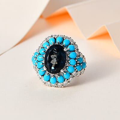 London Blue Topaz and Multi Gemstone Cocktail Ring in Platinum Over Sterling Silver (Size 10.0) 13.50 ctw