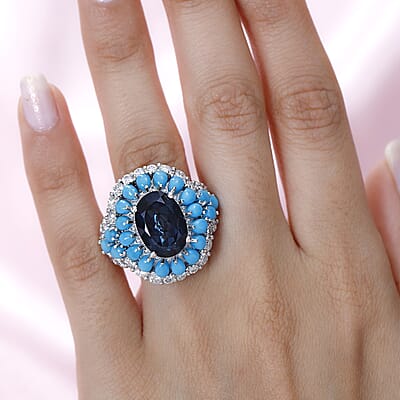 London Blue Topaz and Multi Gemstone Cocktail Ring in Platinum Over Sterling Silver (Size 10.0) 13.50 ctw